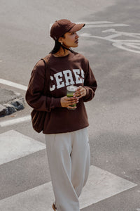 Isla Oversized Slouchy Crew - Chocolate Heritage Logo