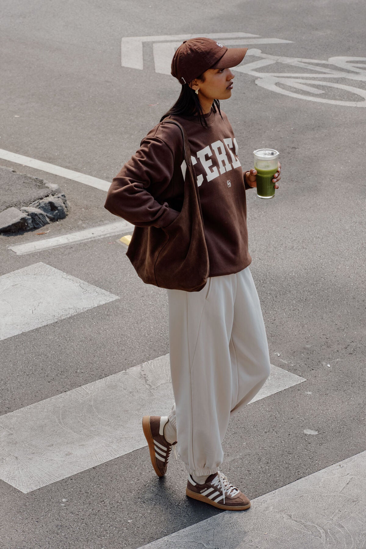 Isla Oversized Slouchy Crew - Chocolate Heritage Logo
