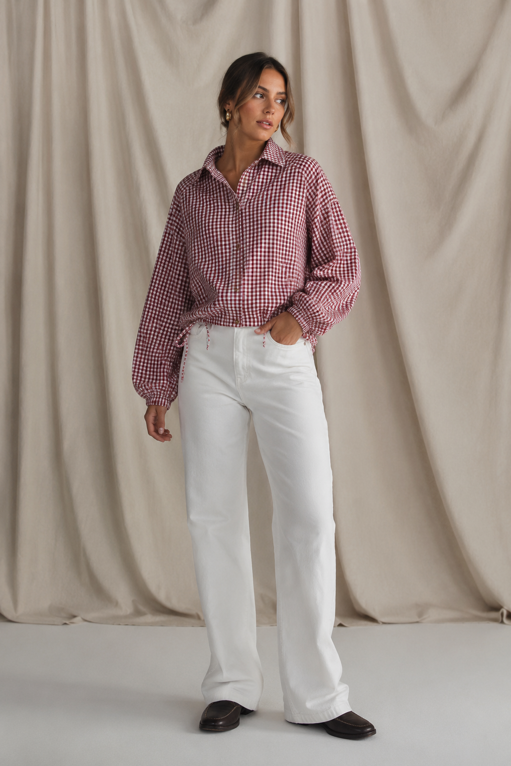 Button-Through Drawstring Gingham Jacket - Red/White