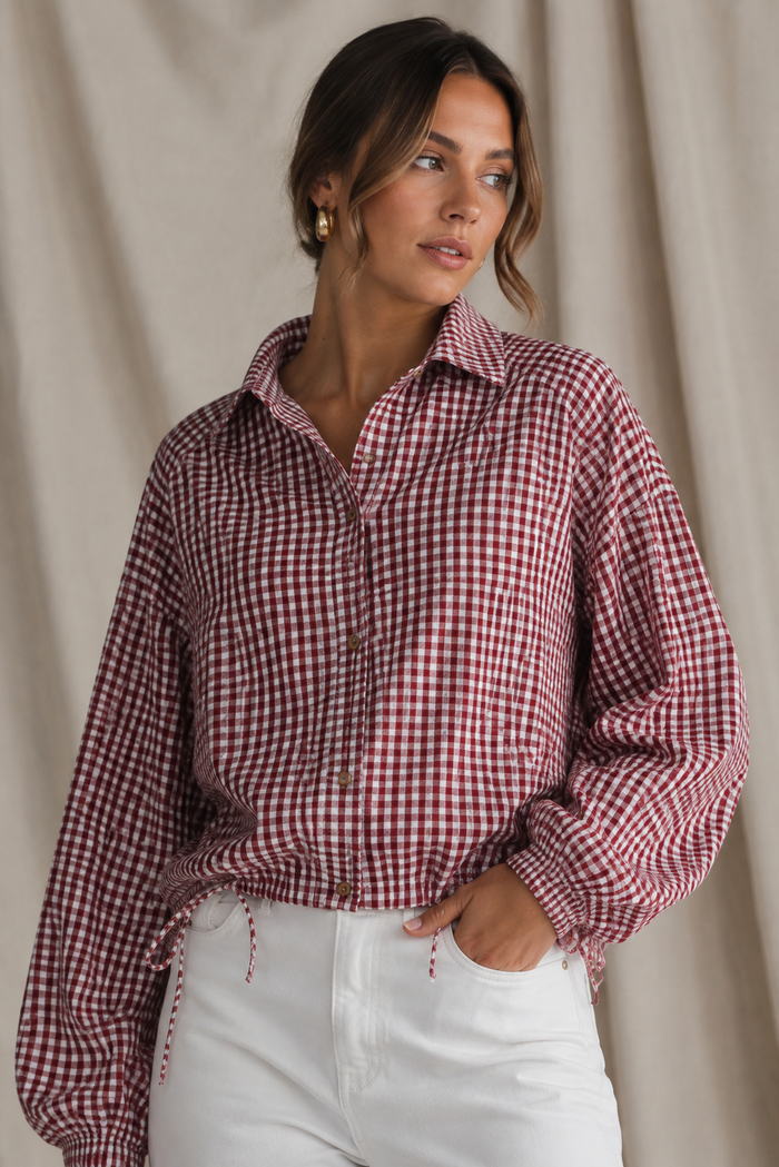 Button-Through Drawstring Gingham Jacket - Red/White