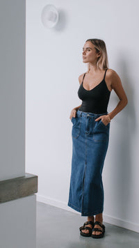Stretch Split Front Denim Skirt - Mid Blue