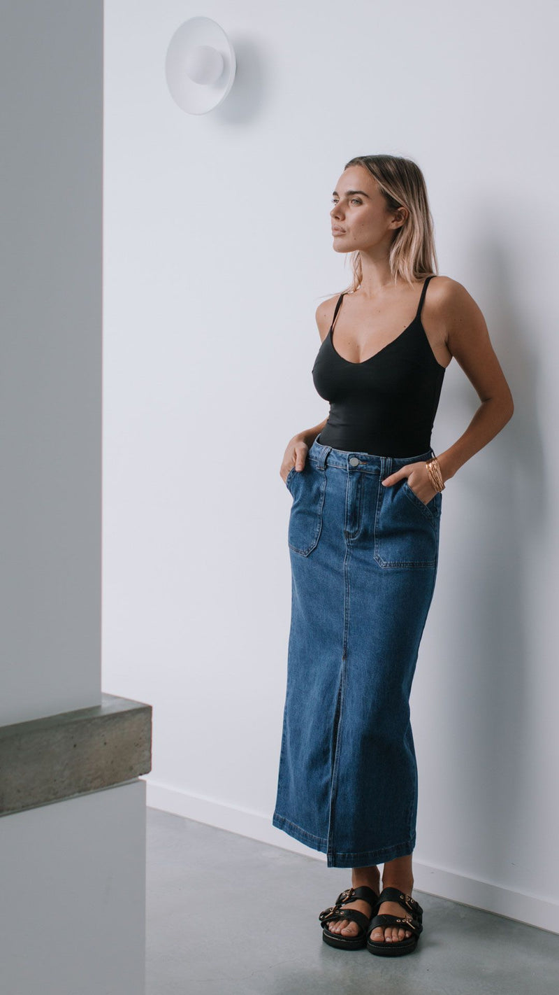 Stretch Split Front Denim Skirt - Mid Blue