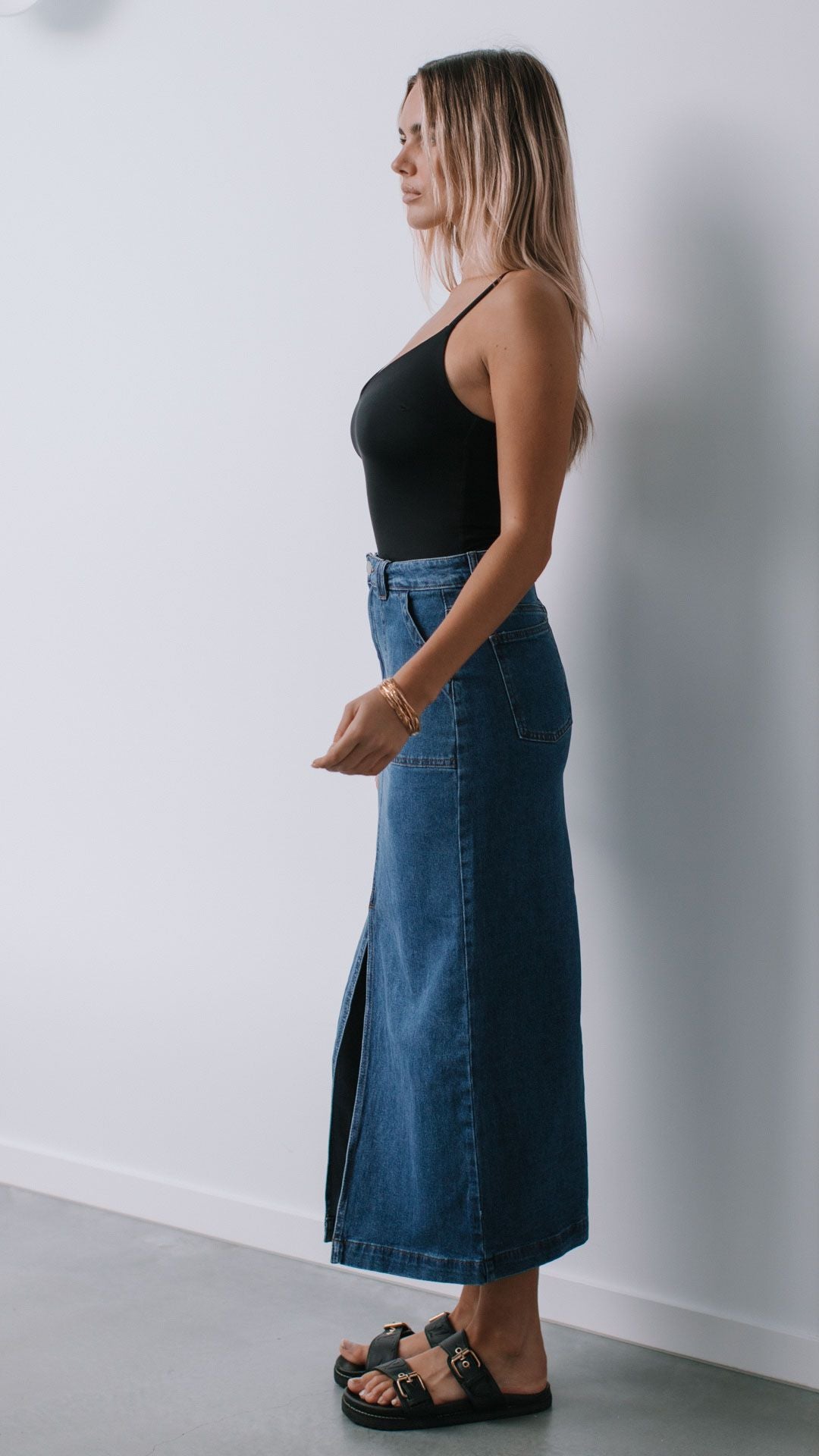 Stretch Split Front Denim Skirt - Mid Blue