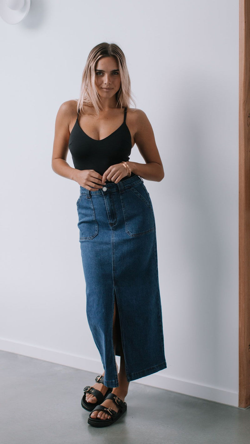 Stretch Split Front Denim Skirt - Mid Blue