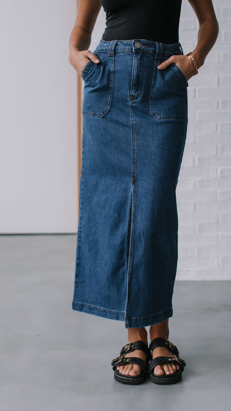 Stretch Split Front Denim Skirt - Mid Blue