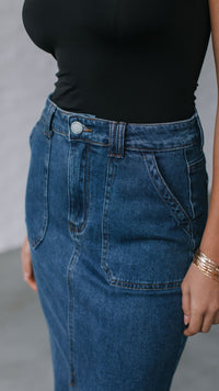 Stretch Split Front Denim Skirt - Mid Blue