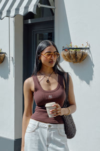 Zoe Contour Rib Scoop Tank - Chocolate/Monogram Embroidery