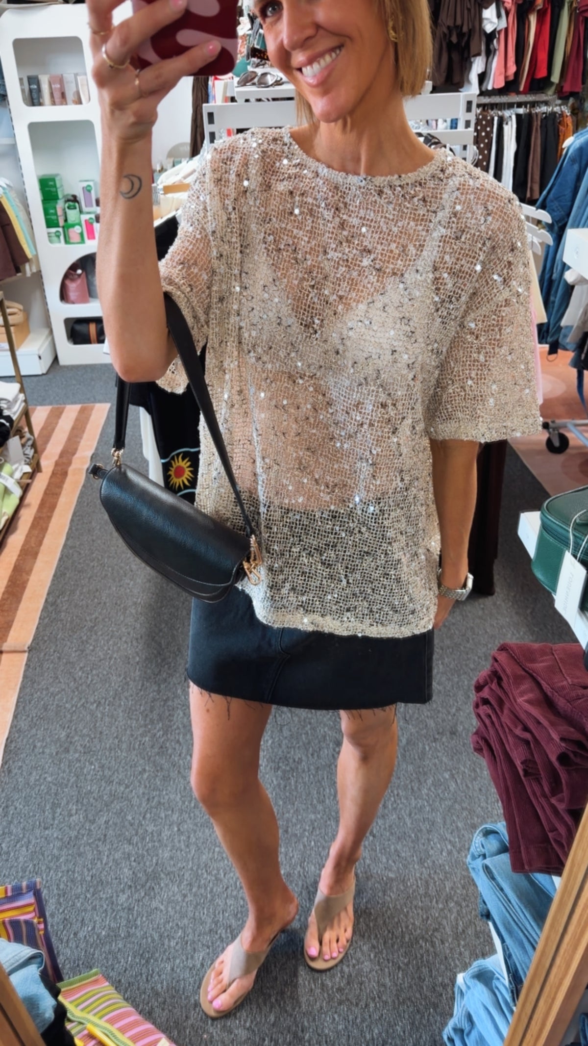 Beige Sequins Knit Oversized Tee