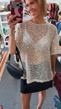 Beige Sequins Knit Oversized Tee