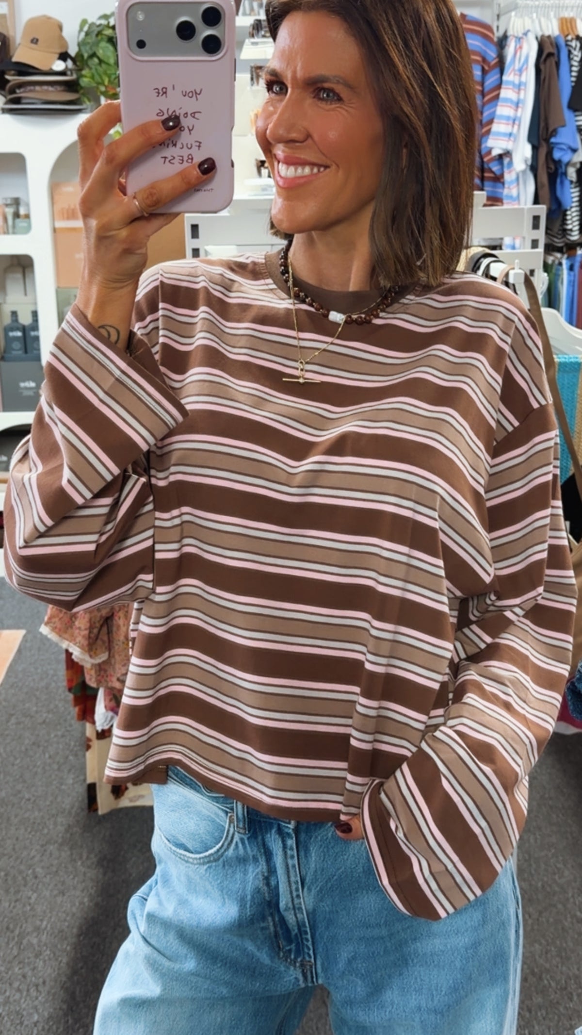 Stevie Stripe Top - Choc/Beige