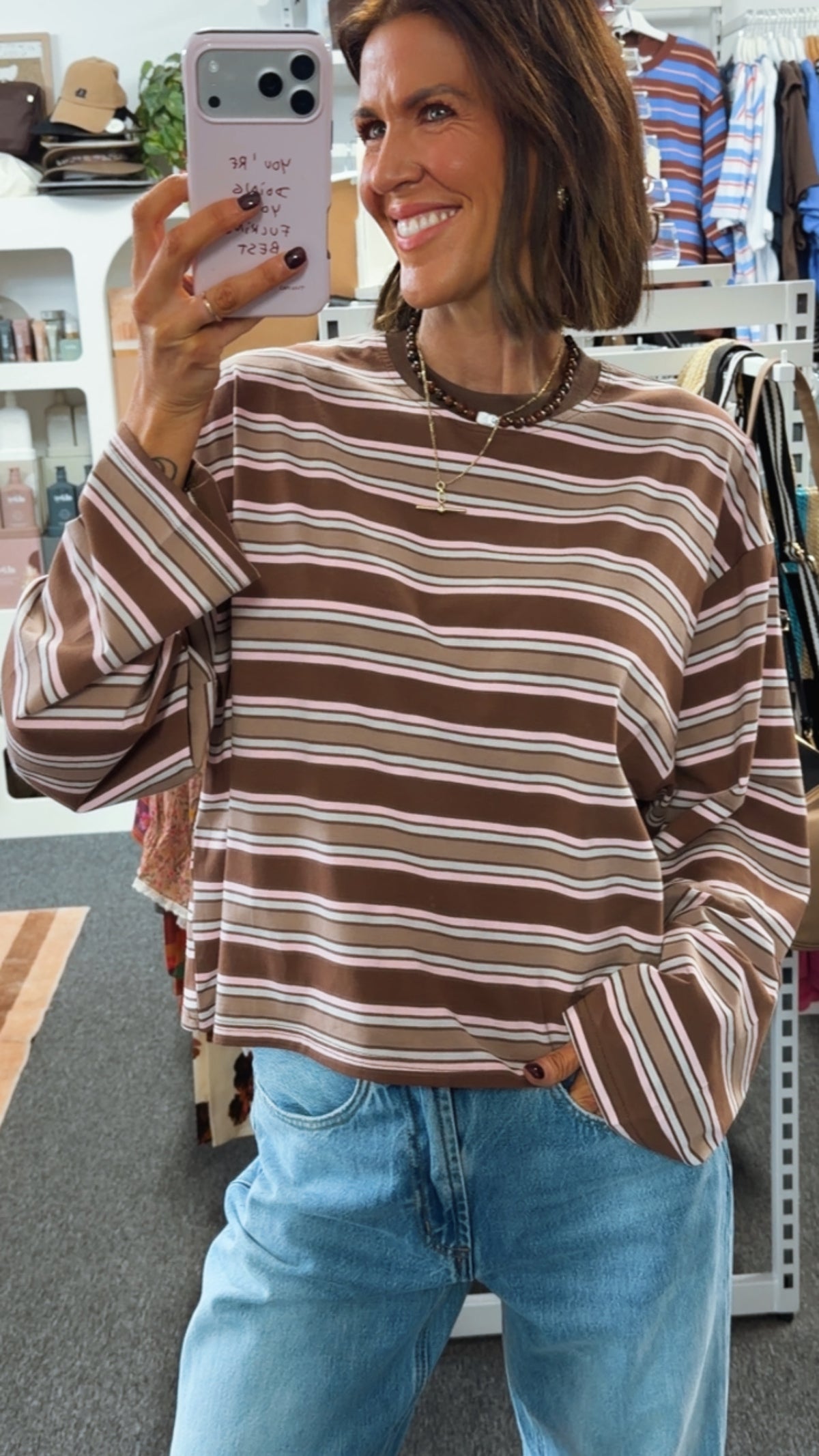 Stevie Stripe Top - Choc/Beige