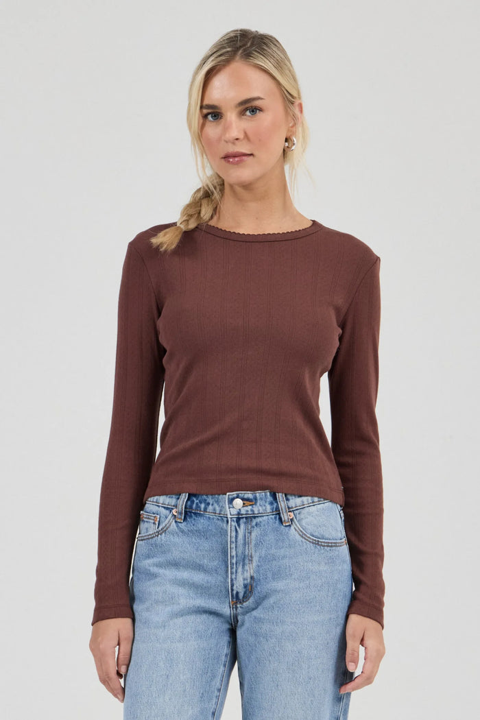 Pointelle Classic Long Sleeve Top - Chocolate
