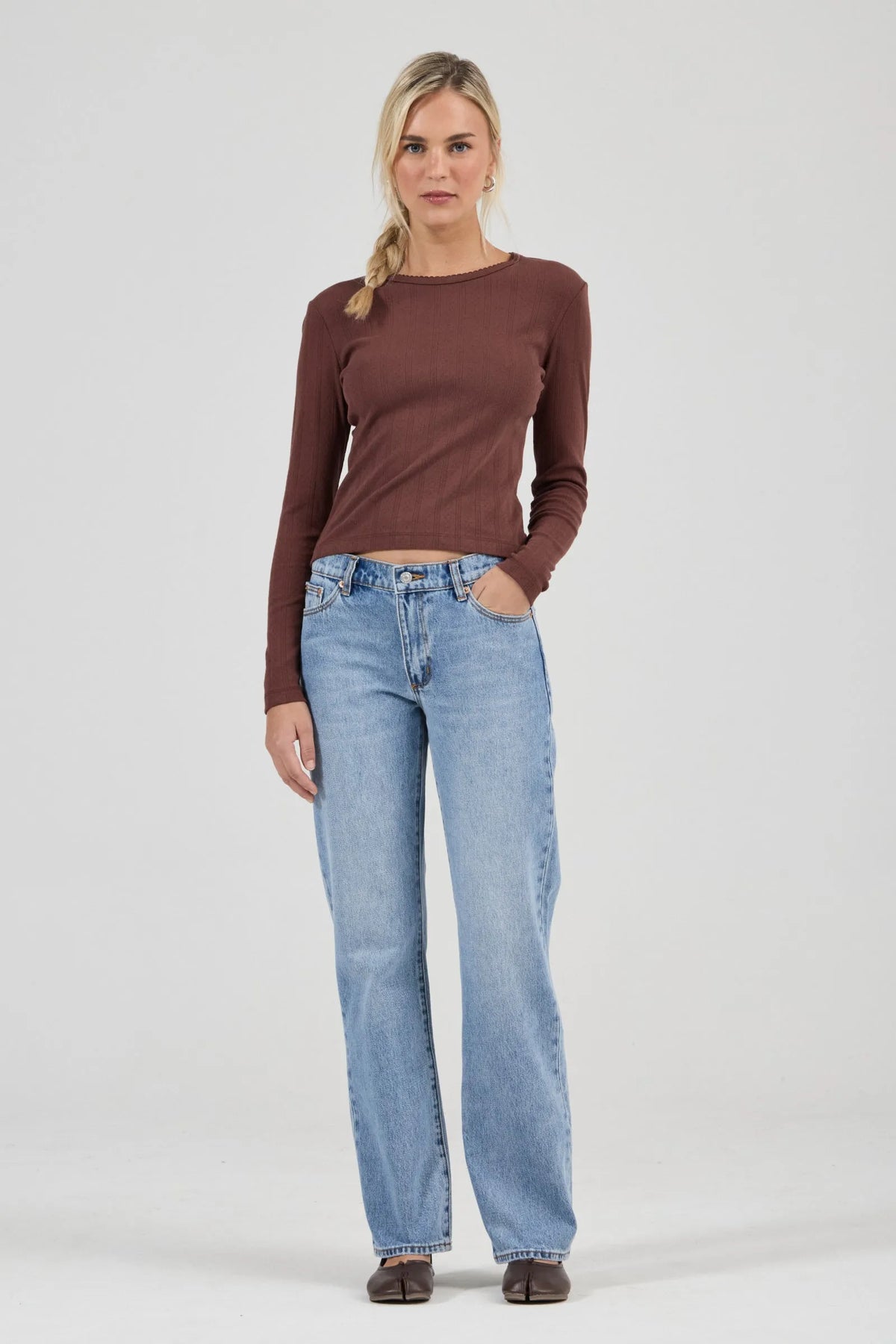 Pointelle Classic Long Sleeve Top - Chocolate