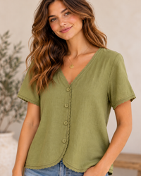 Dominique Crochet Trim Top - Olive
