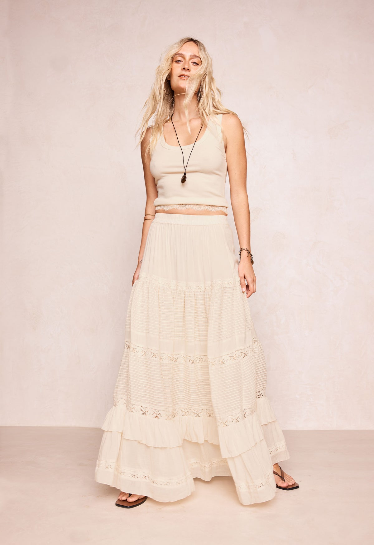 Ines Tiered Maxi Skirt - Light Sand Cream