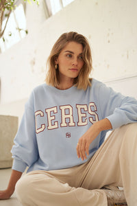 Isla Oversized Slouchy Crew - China Blue/Mulberry Heritage Outline. Ceres Life