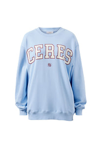 Isla Oversized Slouchy Crew - China Blue/Mulberry Heritage Outline. Ceres Life
