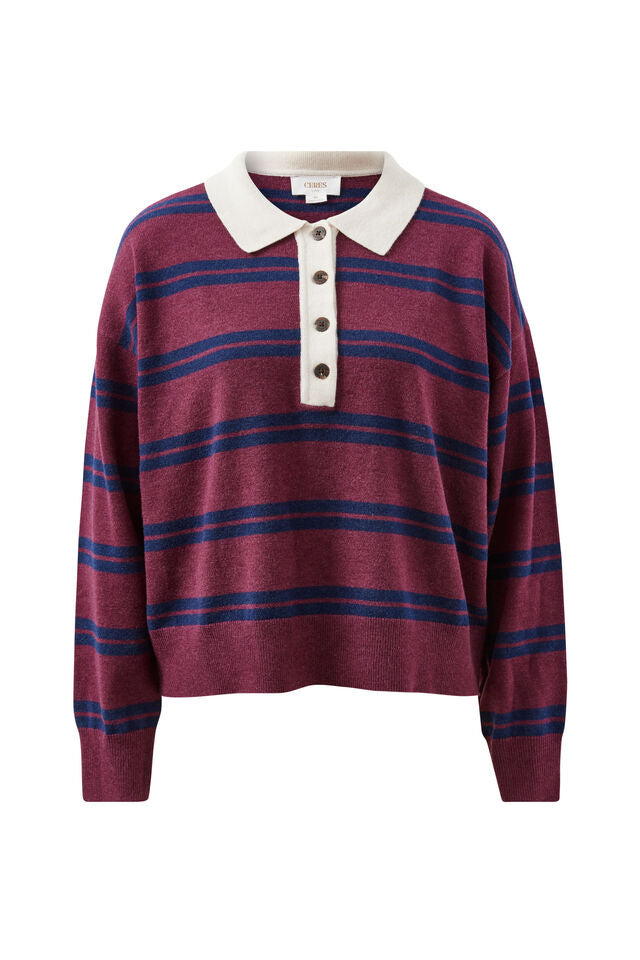 JESSA RUGBY KNIT - WASHED BURGUNDY STRIPE