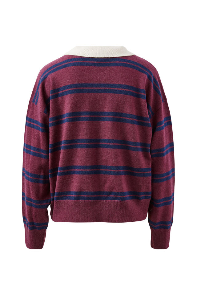 JESSA RUGBY KNIT - WASHED BURGUNDY STRIPE