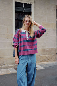 JESSA RUGBY KNIT - WASHED BURGUNDY STRIPE