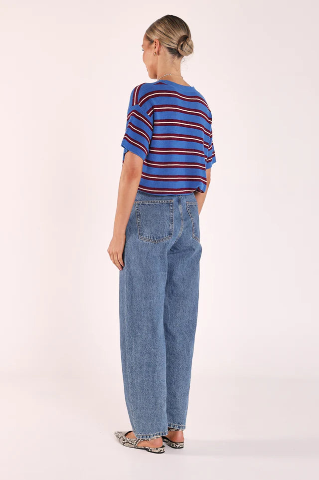 Jasper Knitted Tee - Cobalt Retro Stripe. Feather and Noise