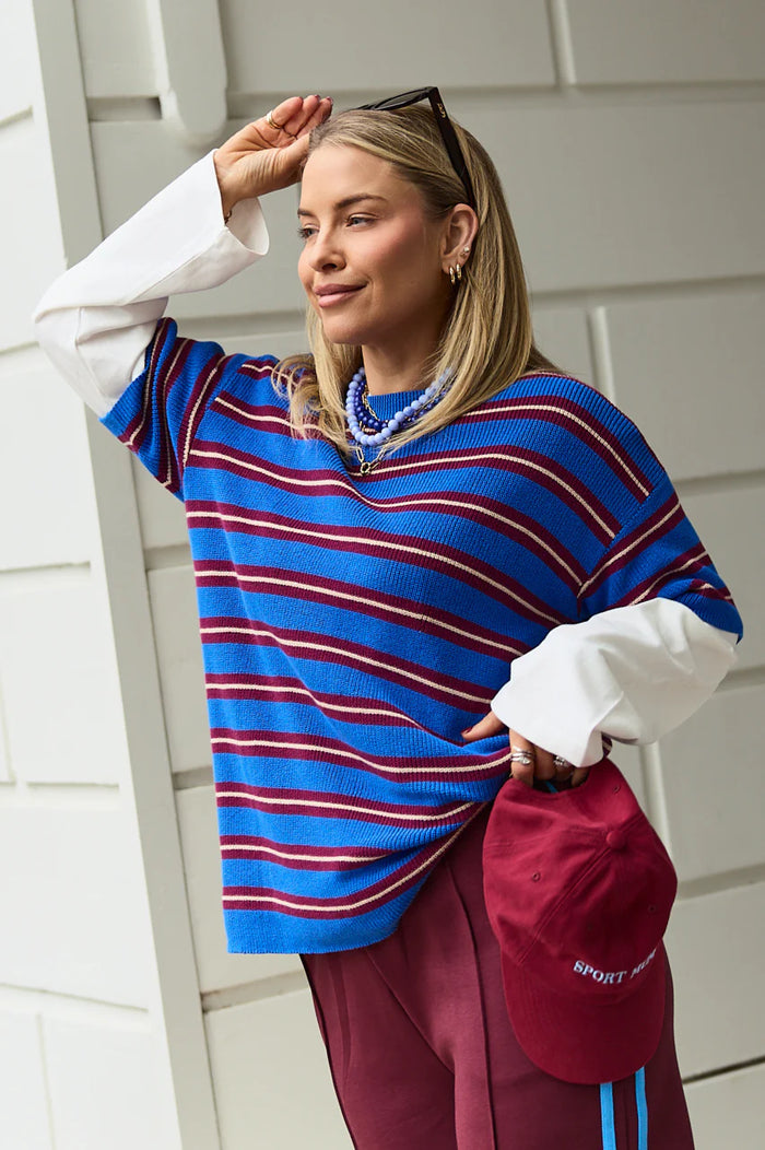 Jasper Knitted Tee - Cobalt Retro Stripe. Feather and Noise