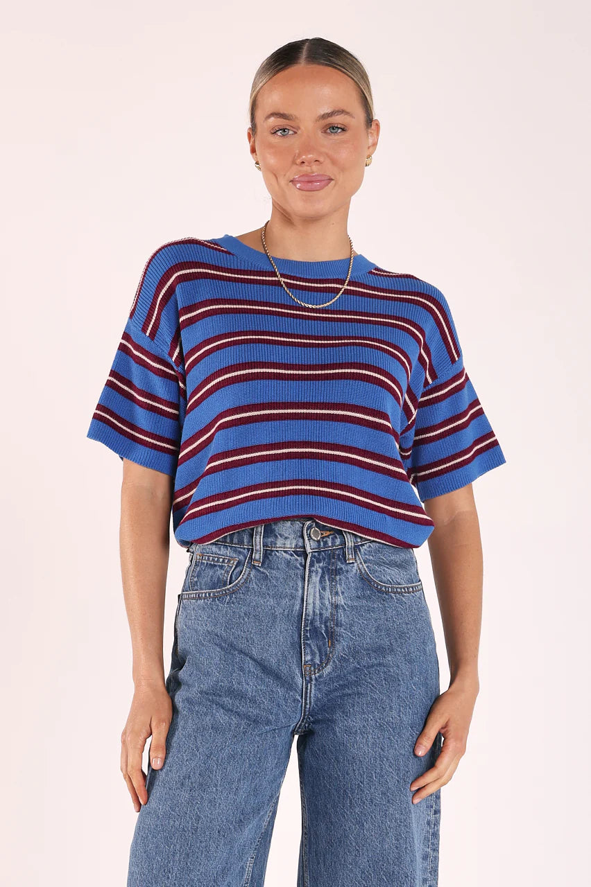 Jasper Knitted Tee - Cobalt Retro Stripe. Feather and Noise