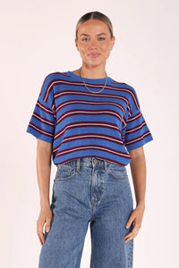 Jasper Knitted Tee - Cobalt Retro Stripe. Feather and Noise