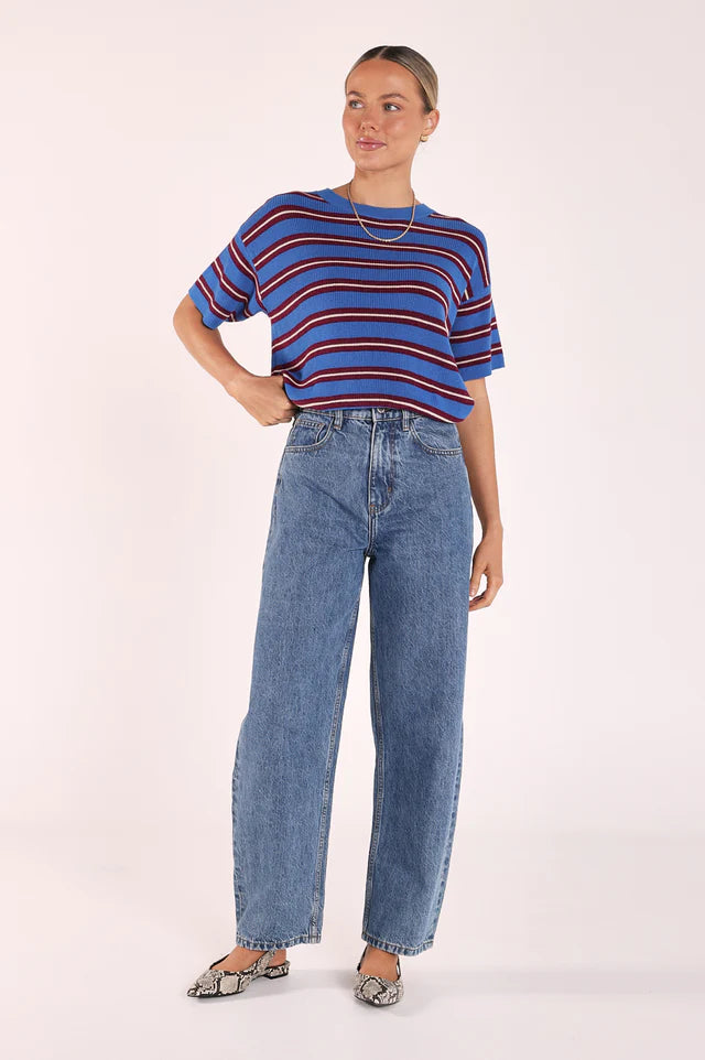 Jasper Knitted Tee - Cobalt Retro Stripe. Feather and Noise