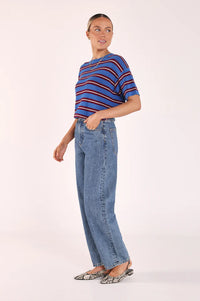 Jasper Knitted Tee - Cobalt Retro Stripe. Feather and Noise