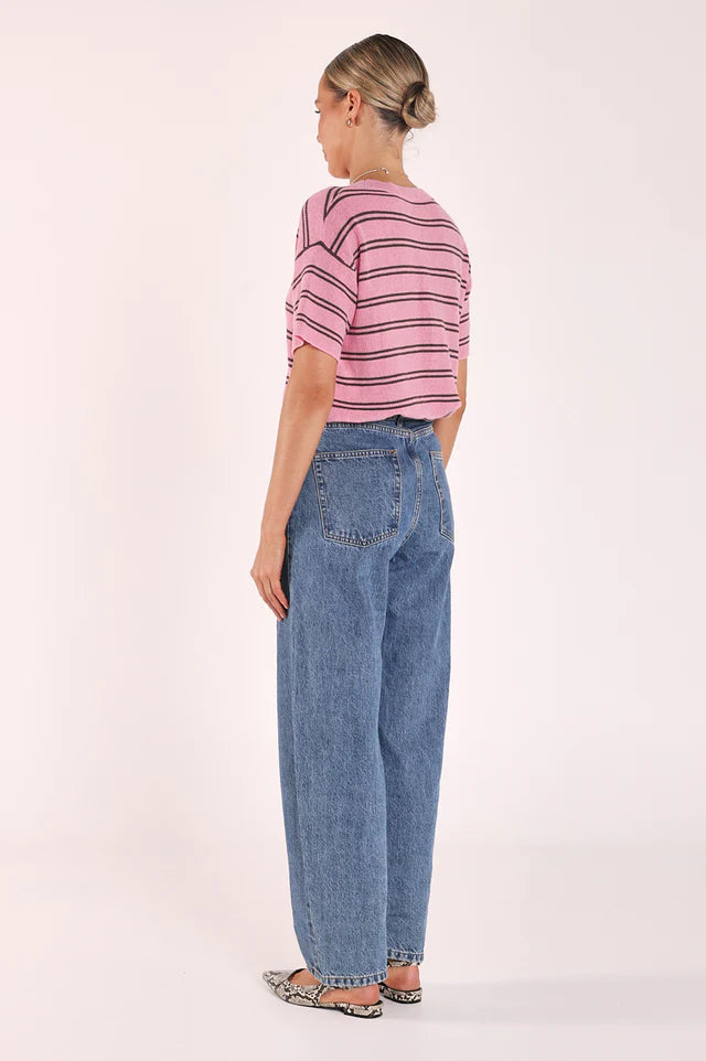 Jasper Knitted Tee - Pink Olive Stripe. Feather and Noise