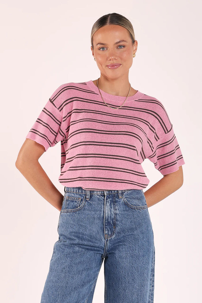 Jasper Knitted Tee - Pink Olive Stripe. Feather and Noise