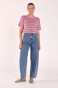 Jasper Knitted Tee - Pink Olive Stripe. Feather and Noise