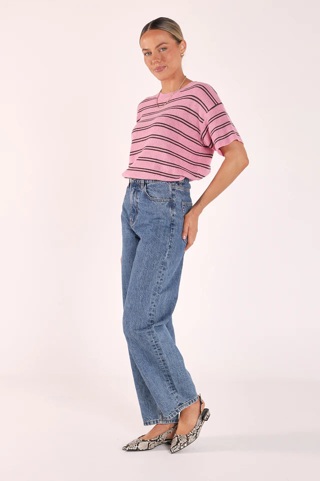 Jasper Knitted Tee - Pink Olive Stripe. Feather and Noise