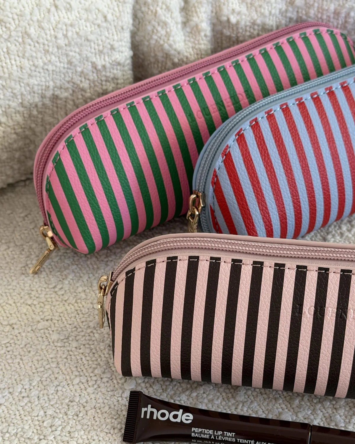 Jayne Stripe Makeup Bag - Green/Bubblegum Pink. Louenhide