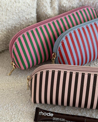 Jayne Stripe Makeup Bag - Green/Bubblegum Pink. Louenhide