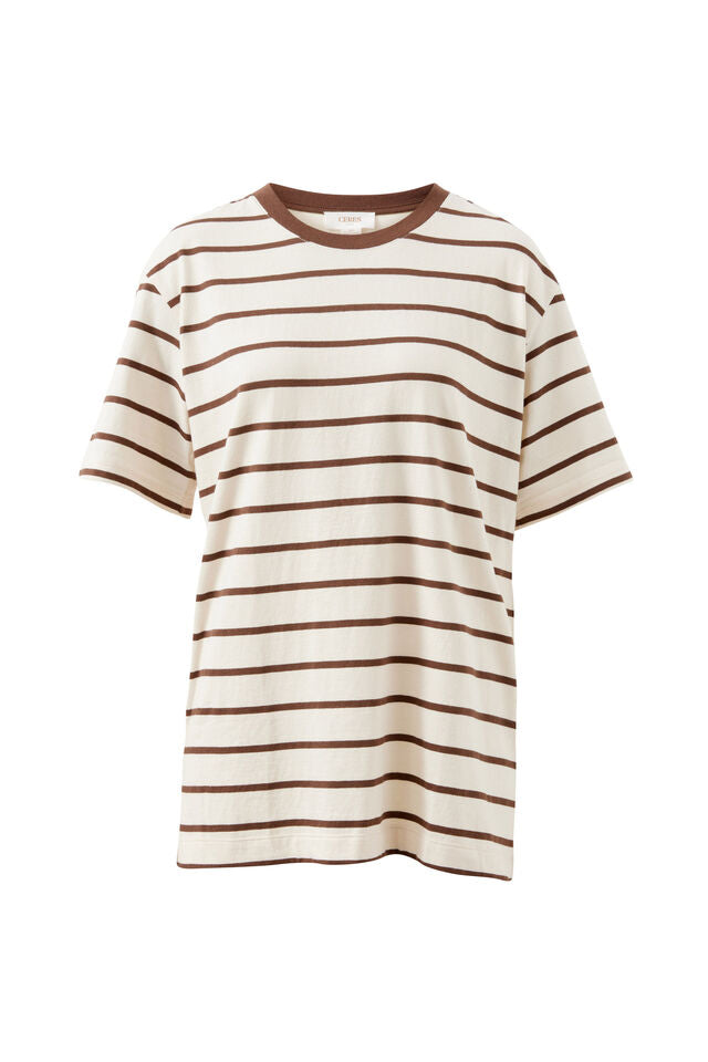 LOLA LONGLINE STEP HEM TEE/BUFF/BRUNETTE STRIPE