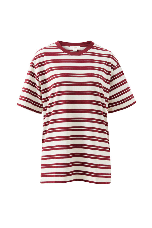LOLA LONGLINE STEP HEM TEE - BURGUNDY/MILK STRIPE