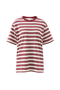 LOLA LONGLINE STEP HEM TEE - BURGUNDY/MILK STRIPE