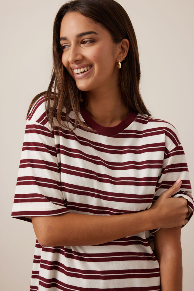 LOLA LONGLINE STEP HEM TEE - BURGUNDY/MILK STRIPE