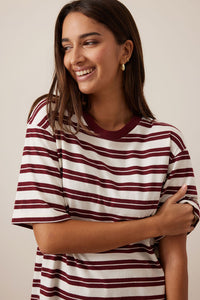 LOLA LONGLINE STEP HEM TEE - BURGUNDY/MILK STRIPE