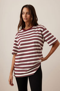 LOLA LONGLINE STEP HEM TEE - BURGUNDY/MILK STRIPE