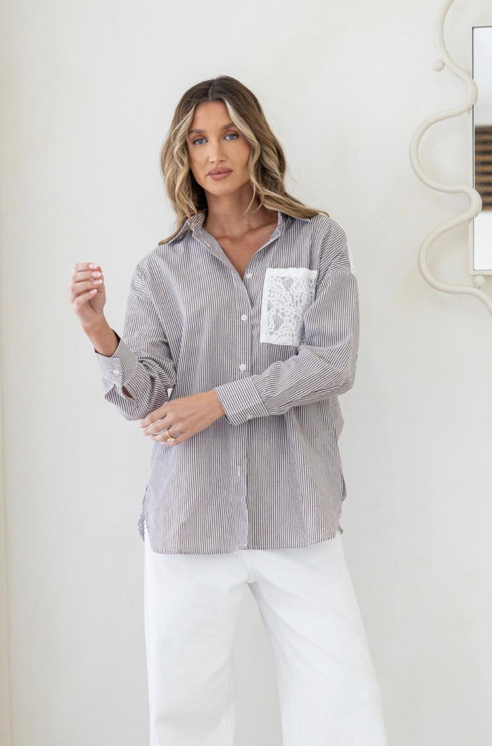 Lace Detail Shirt - Chocolate/White Stripe. Sare Store