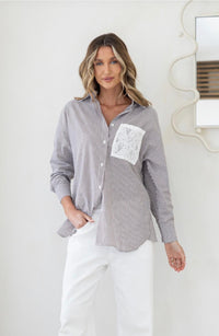 Lace Detail Shirt - Chocolate/White Stripe. Sare Store