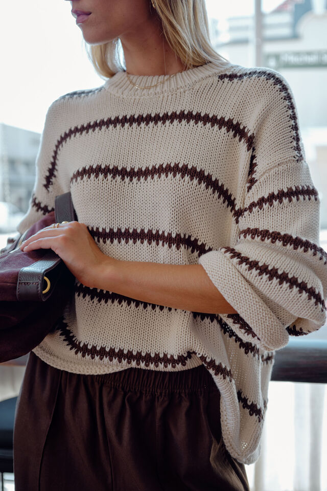 LILA OVERSIZED KNIT CREW - ECRU STRIPE