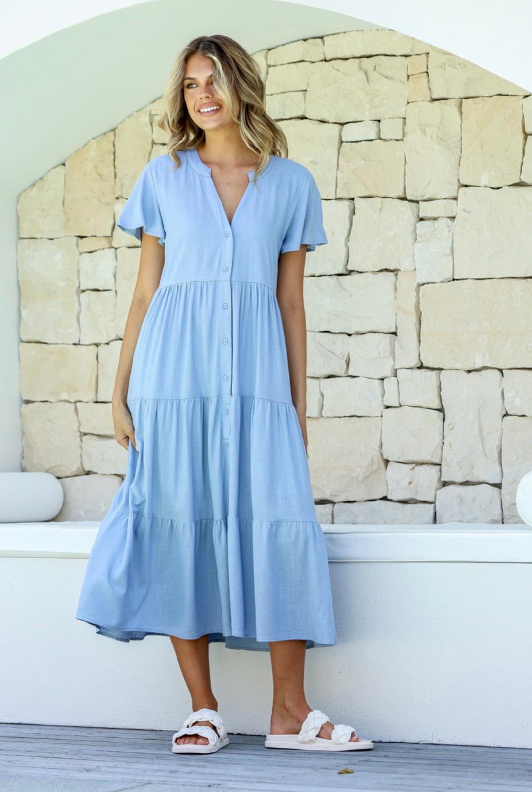 Linen Button Front Through Midi Dress - Powder Blue