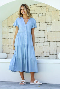 Linen Button Front Through Midi Dress - Powder Blue