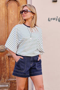 Lucy Relaxed Sleeve Tee - Basil/White Stripe. Ceres Life