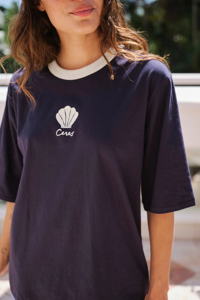 Luna Oversized Tee - True Navy/Milk Shell Print