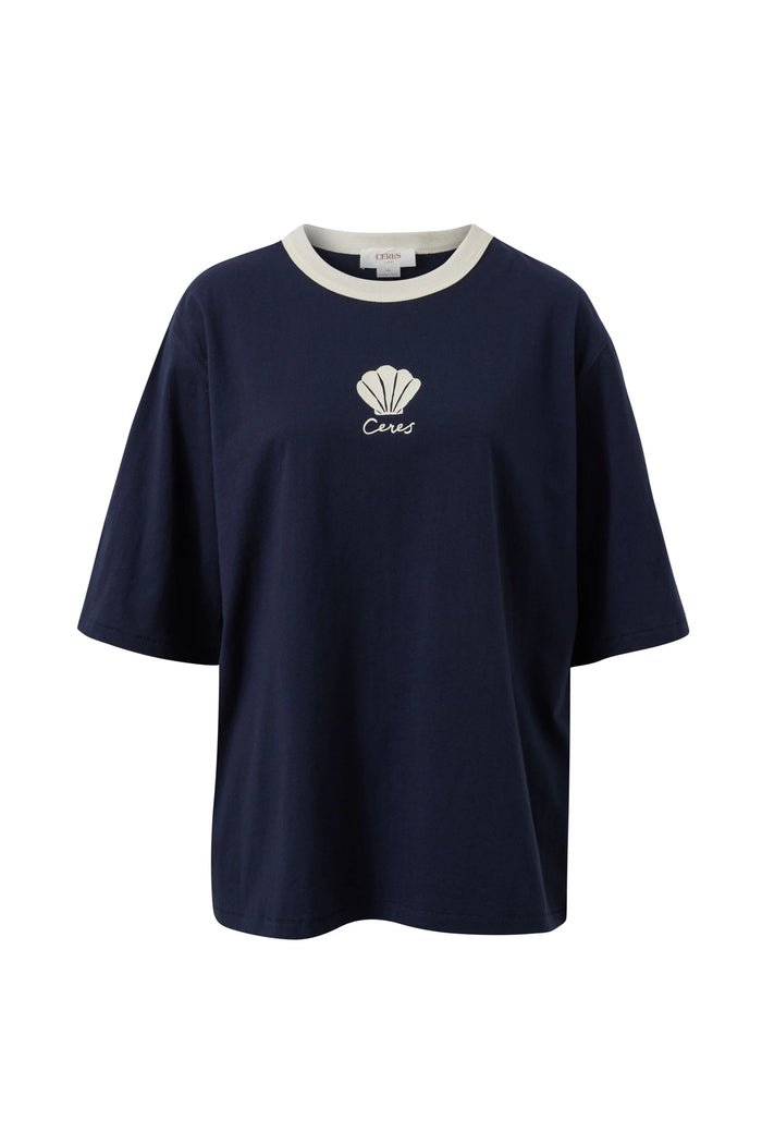 Luna Oversized Tee - True Navy/Milk Shell Print